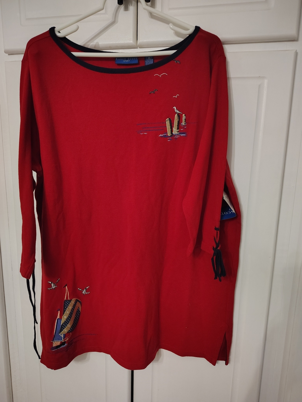 Karen Scott Red Long-Sleeve Embroidered Boat Tunic with Navy Trim